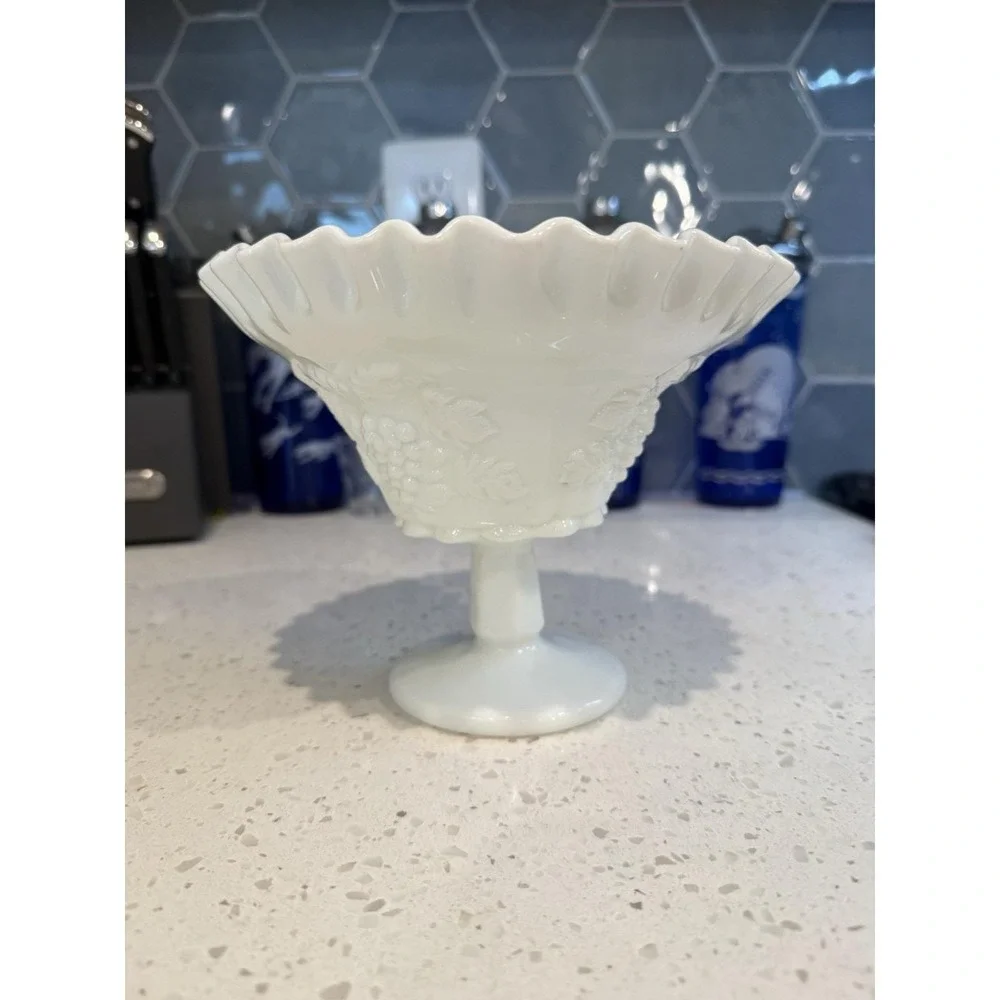 Westmoreland Paneled Grape Milk Glass Footed Compote Bowl Ruffled Mid Century
